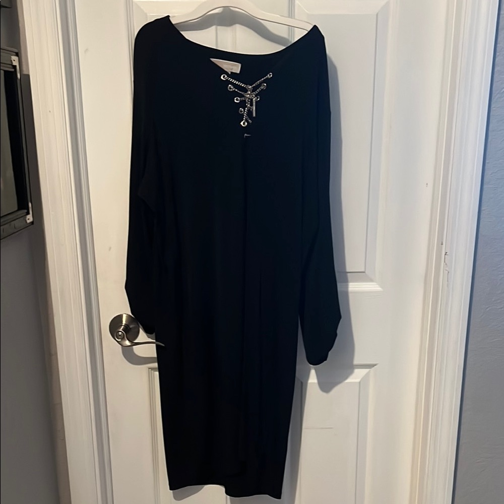 Michael Kors Black Ribbed Bodycon Dress with Dolman Sleeves